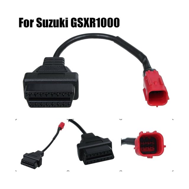 Īss Suzuki motocikla adaptera kabelis ar sarkanu 6 kontaktu savienotāju un melnu 16 kontaktu OBD2 ligzdu