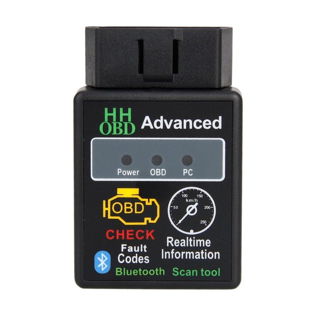 Melns ELM327 Bluetooth “HH OBD Advanced” adapteris skatā no priekšpuses, redzami Power, OBD un PC indikatori