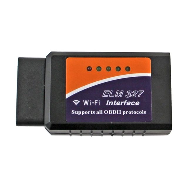 Melns ELM327 Wi-Fi adapteris ar oranžu etiķeti