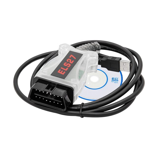 ELS27 adapteris ar OBD2 savienotāju, USB kabeli un programmu kompaktdisku