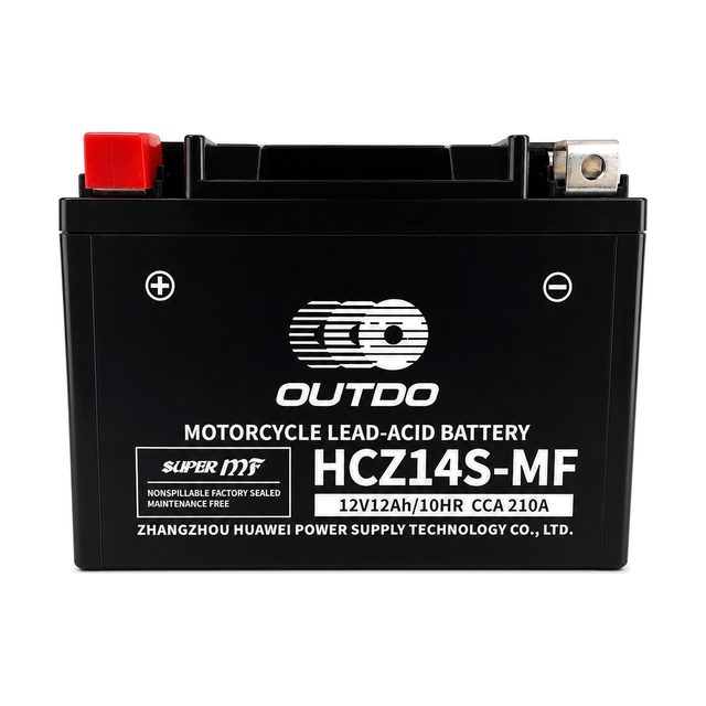 OUTDO HCZ14S-MF, YTZ14S motocikla akumulators skatā no priekšpuses ar abiem izvadiem