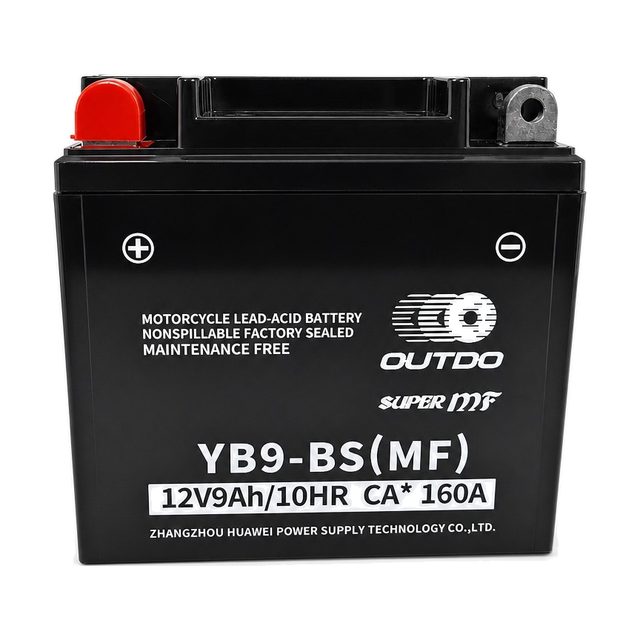 OUTDO YB9-BS, YB9-B motocikla akumulators skatā no priekšpuses ar abiem izvadiem