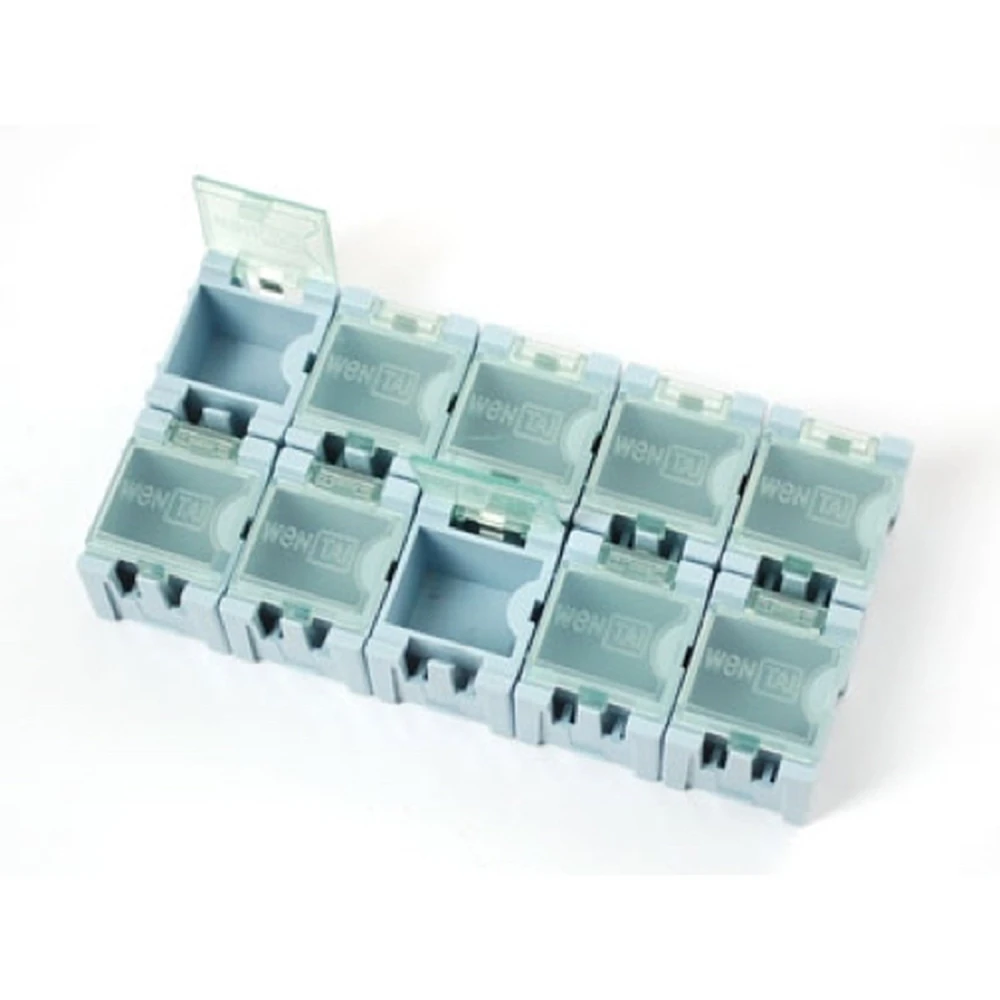 Cajitas modulares para componentes electrónicos con compartimientos y tapa transparente