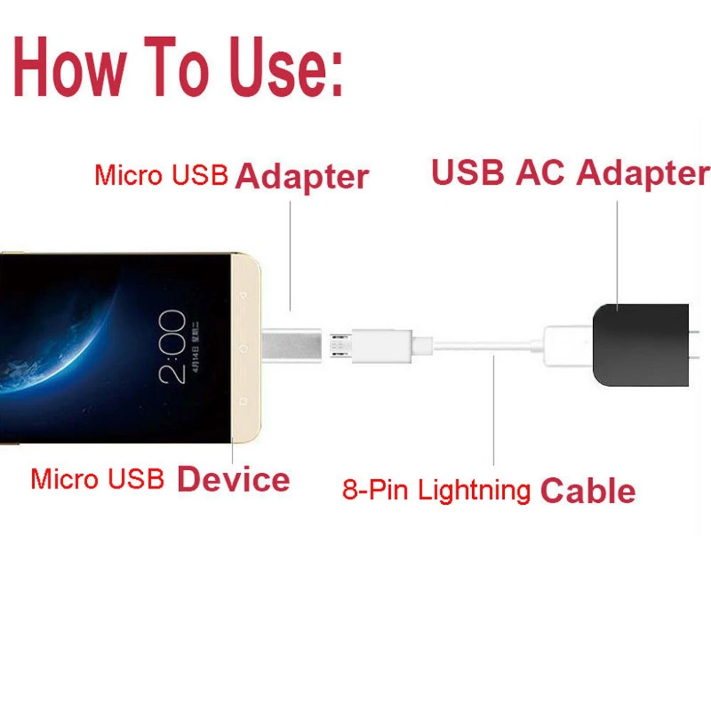 Adaptador Lightning hembra a Micro USB macho con fondo blanco