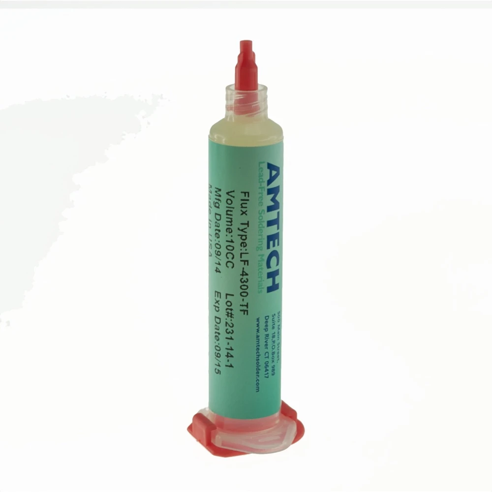 Detalle del frasco Amtech LF-4300-TF 10cc flux mostrando etiqueta y código de barras