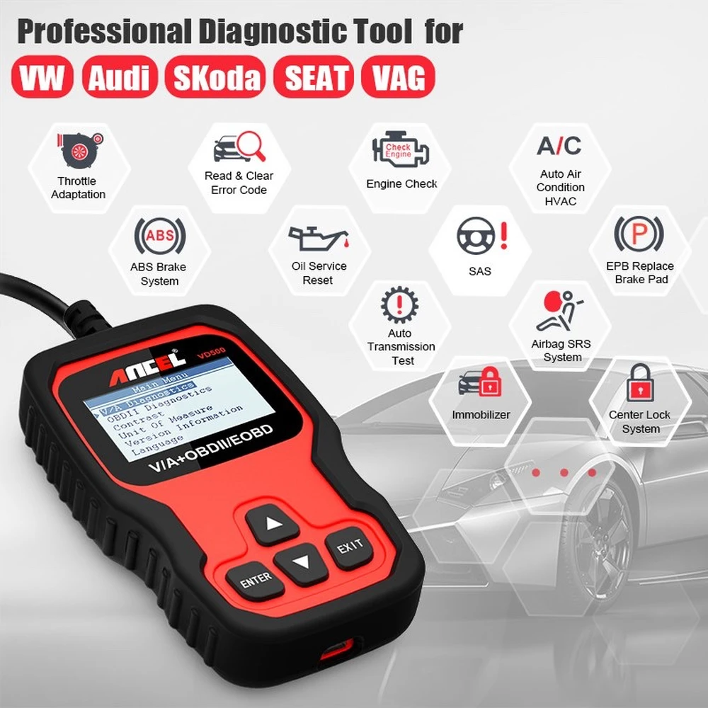 Pantalla del scanner OBD2 Ancel VD500 mostrando códigos de error