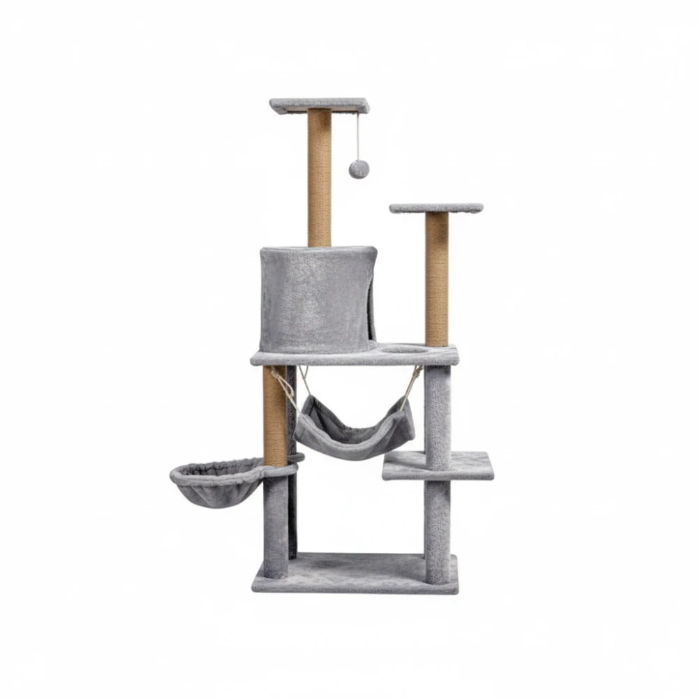 Kaķu skrāpējamais koks 125 cm ar šūpuļtīklu, alu un sizala stabiem