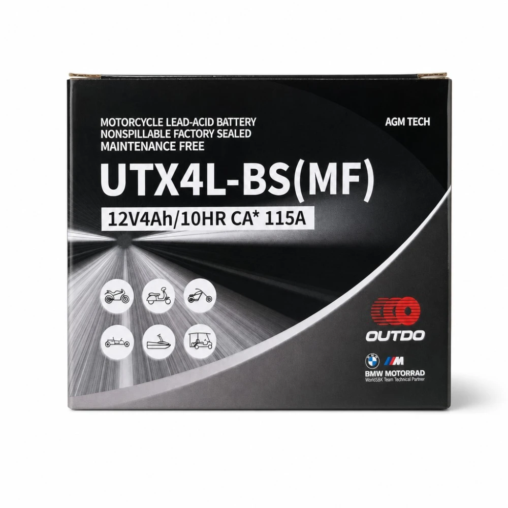 Motocikla akumulators AGM 12V 4Ah OUTDO UTX4L-BS(MF) - Saderīgs ar Yuasa YTX4L-BS / GTX4L-BS / ETX4L-BS
