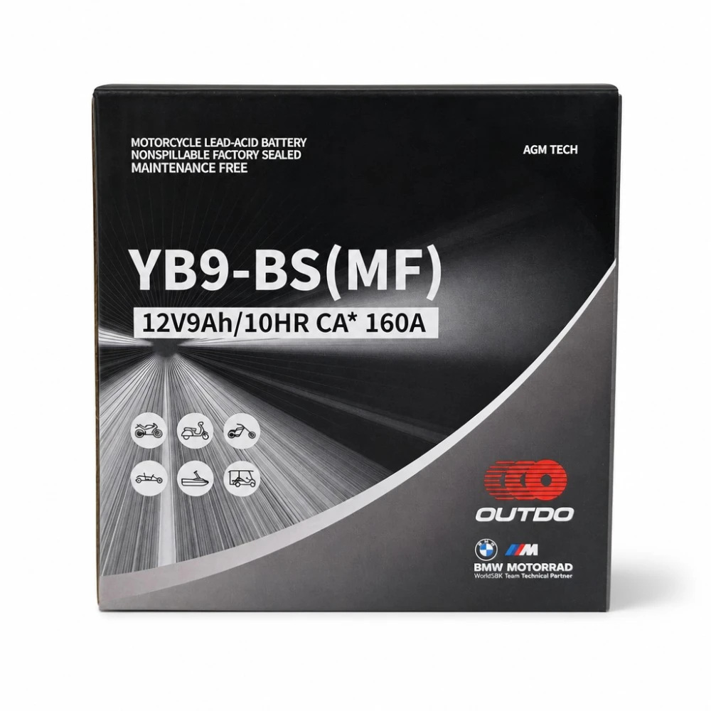 Motocikla Akumulators AGM 12V 9Ah OUTDO YB9-BS(MF) - Saderīgs ar Yuasa YB9-B / GS GM9Z-3B-1 / GS YB9-B / 12N9-4B-1 (flooded)