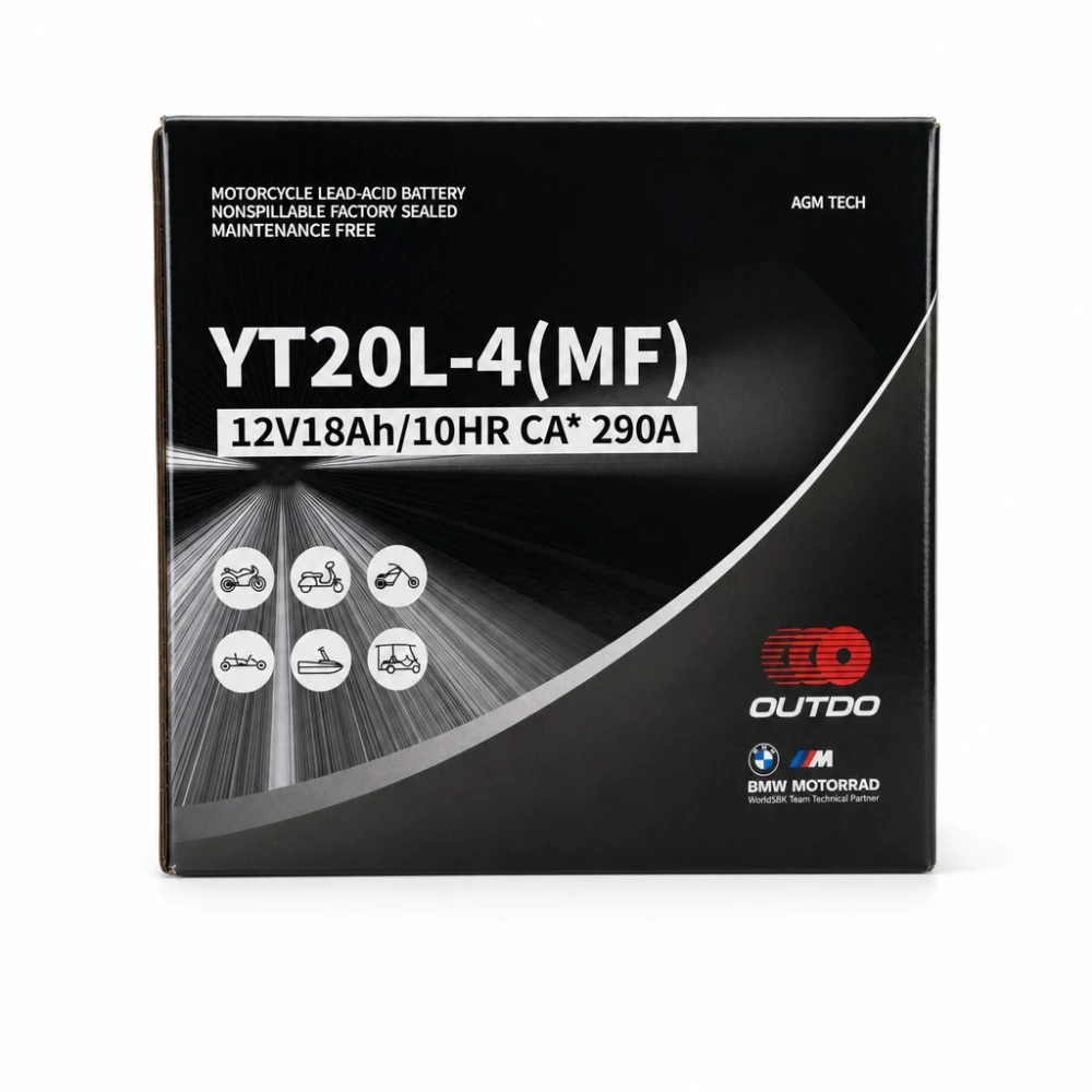 Motocikla akumulators AGM 12V 18Ah OUTDO YT20L-4(MF) - Saderīgs ar Yuasa YTX20L-BS / GTX20L-BS / ETX20L-BS / Y50-N18L-A
