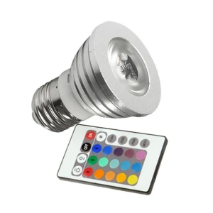 RGB LED spuldze E27 3W ar tālvadību daudzpusīgam apgaismojumam