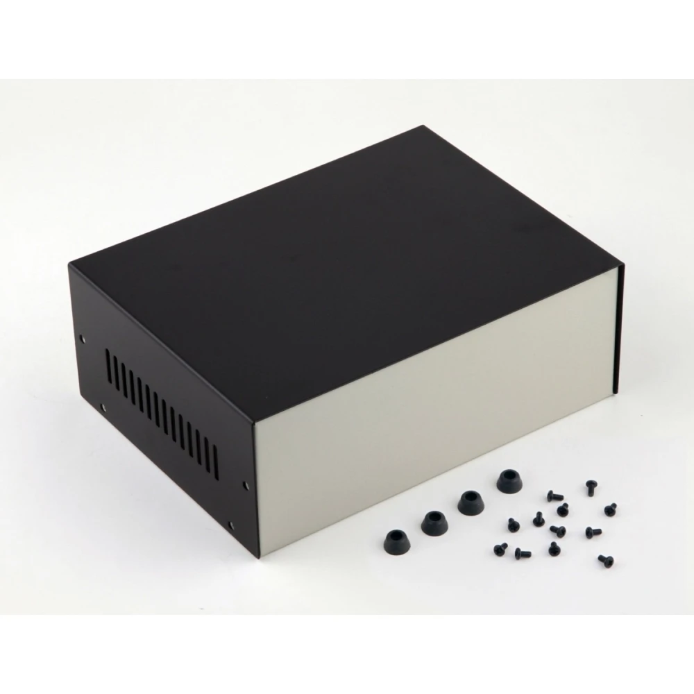 Caja metálica para proyectos 210x155x80mm vista lateral mostrando ranuras de ventilación