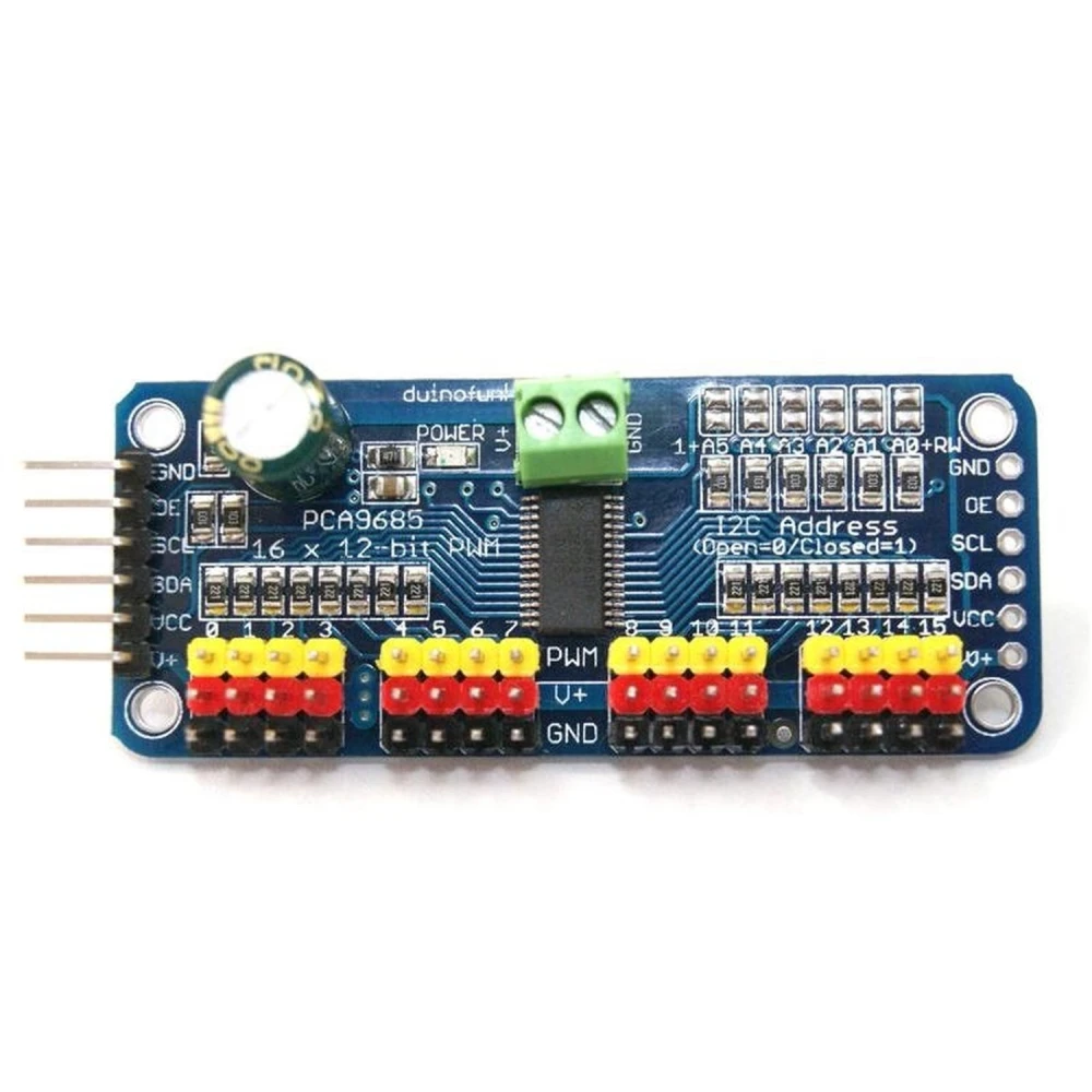 PCA9685 16 kanālu 12 bitu PWM I2C servomotoru kontrolieris Arduino