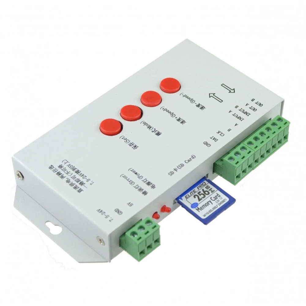 Vista frontal del controlador T-1000S para LED RGB con conexión DMX512