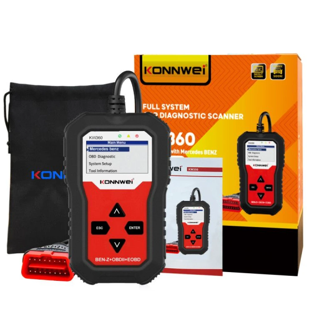 Escaner OBD2 Konnwei KW360 conectado a vehículo Mercedes Benz para diagnóstico