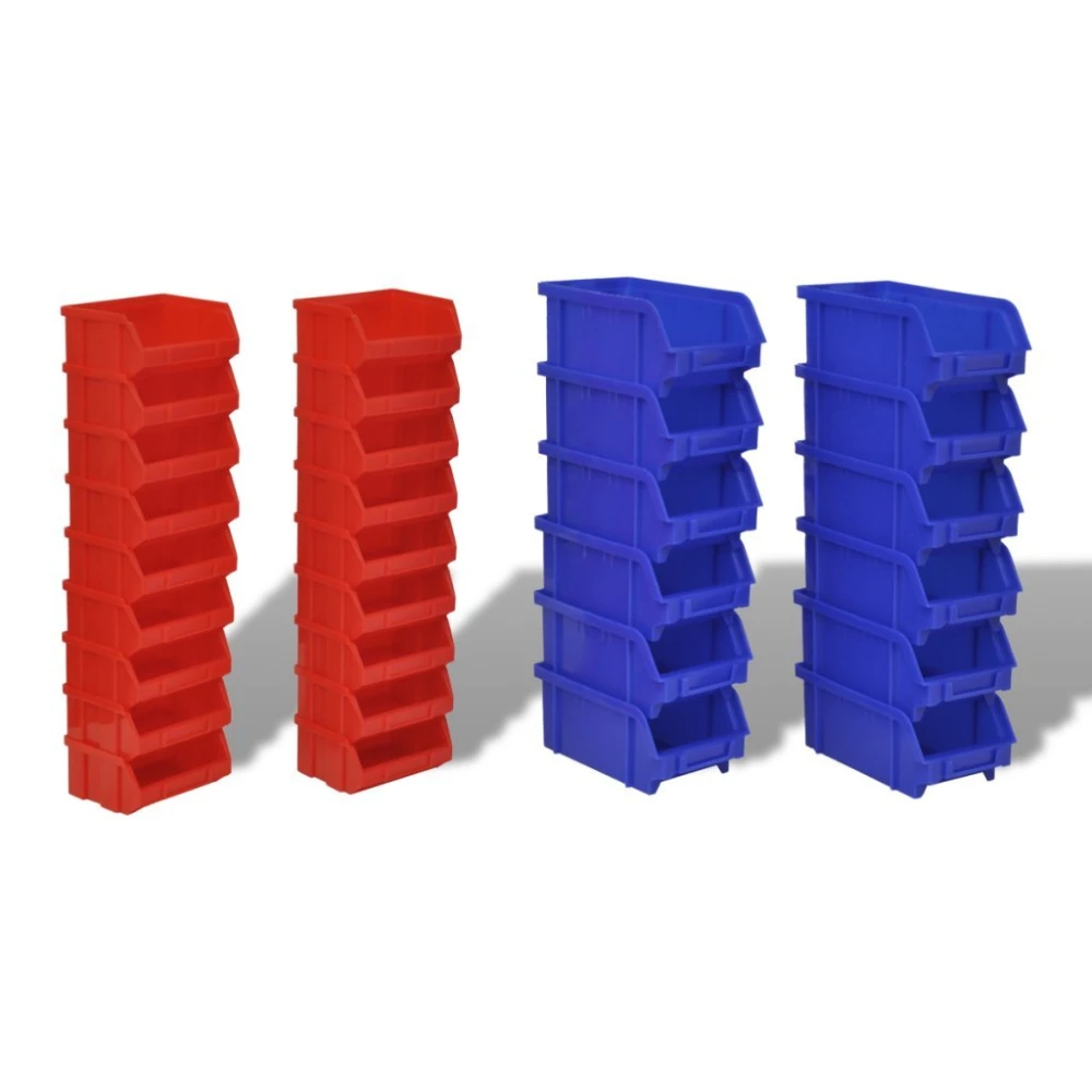 Organizador de herramientas con cajas apilables en colores azul y rojo