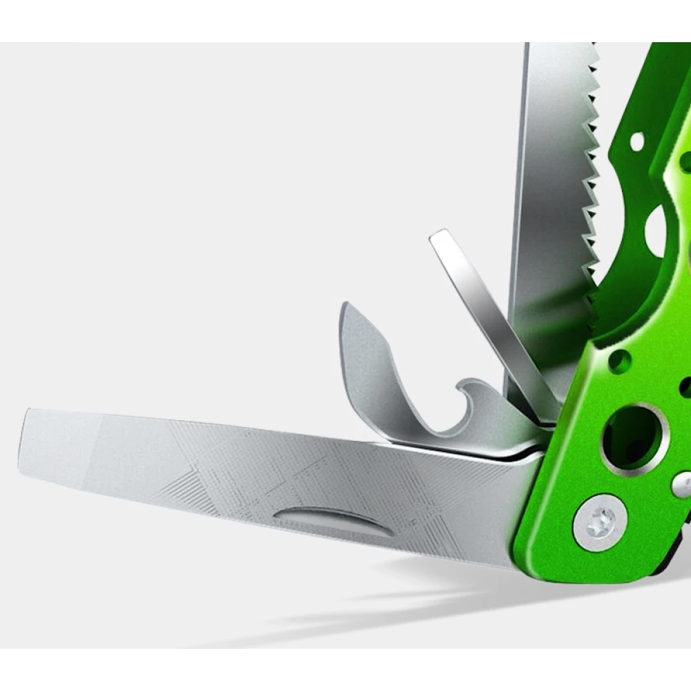 Herramienta multifuncional 9 en 1 plegada color verde con estuche