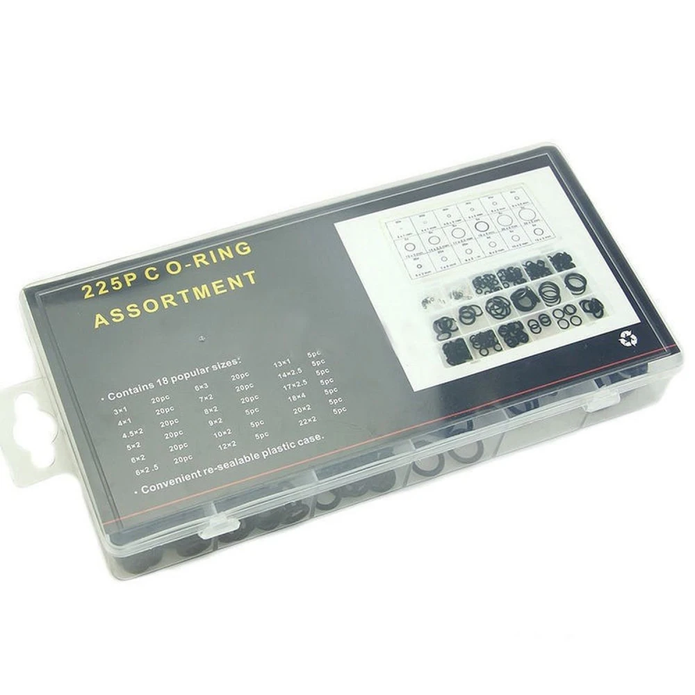 Caja plástica con 225 gomas métricas de diferentes tamaños