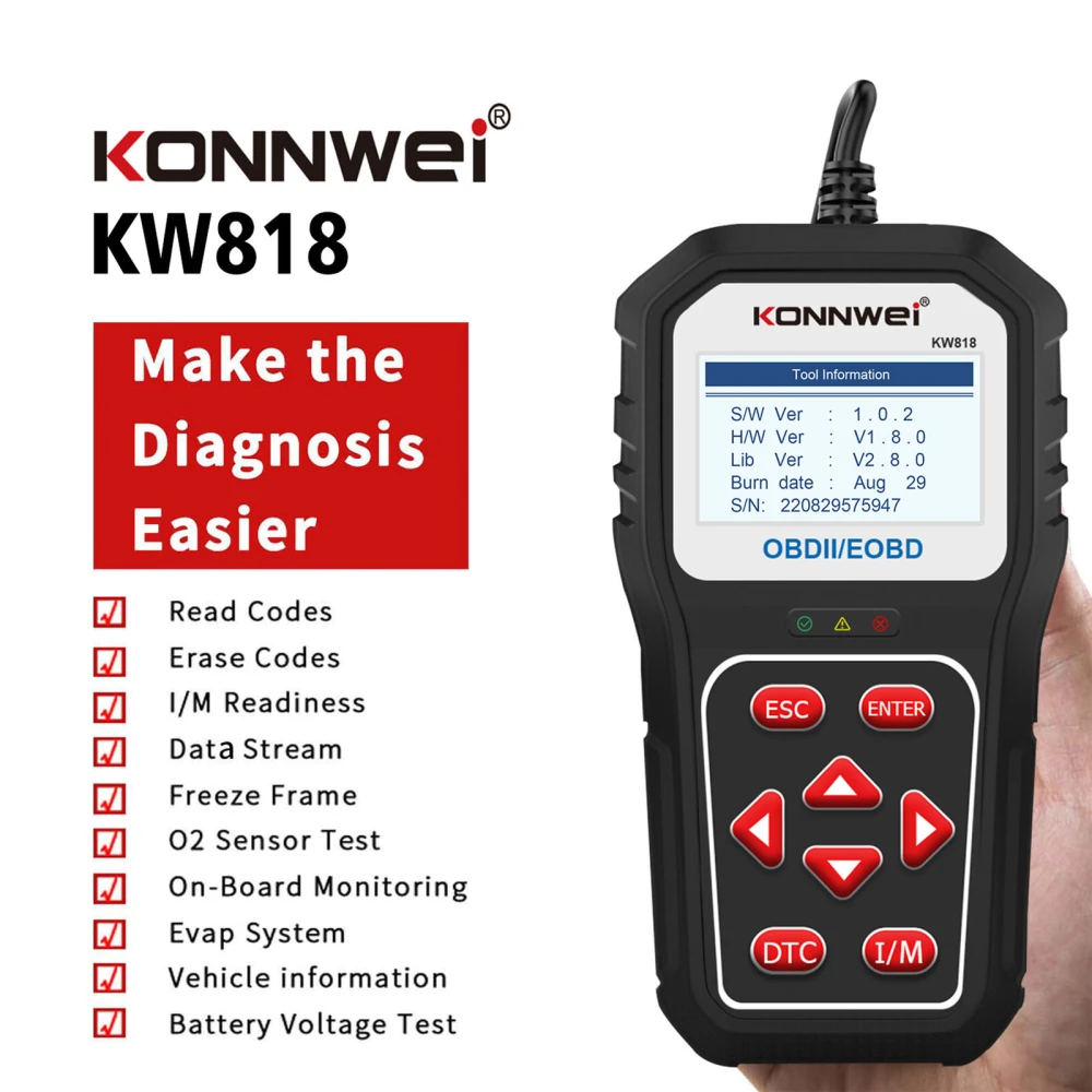 KONNWEI KW818 OBD2 skeneris: OBDII kodu lasītājs auto no 1996