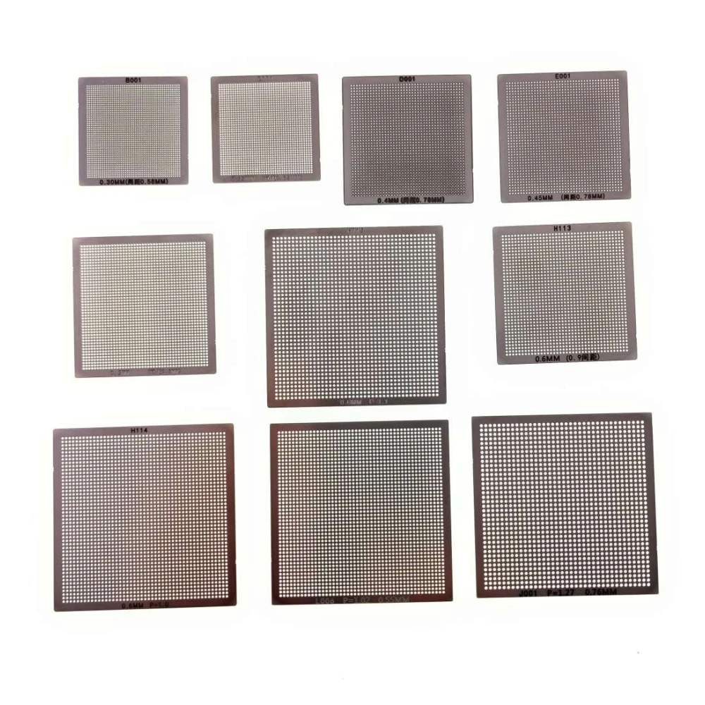 10 universālu BGA reballing šablonu komplekts 0,3 līdz 0,76 mm