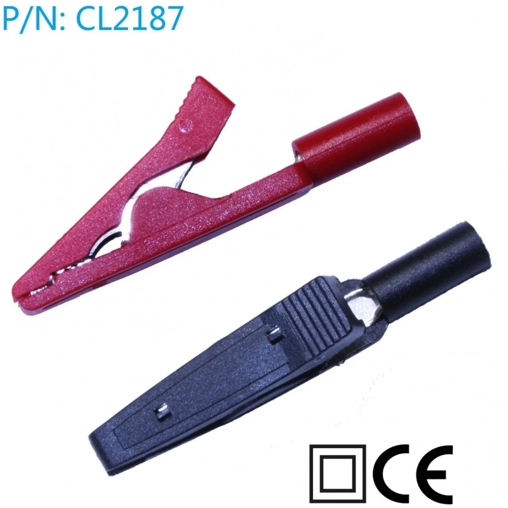 Detalle de pinzas cocodrilo con conexion banana 2mm rojo y negro Amass