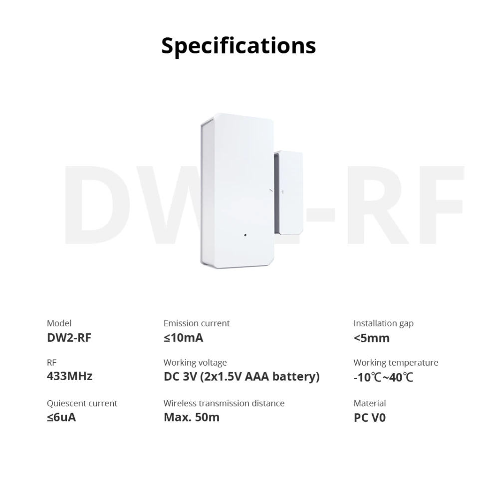 Bezvadu durvju un logu sensors SONOFF DW2 RF mājas signalizācijai