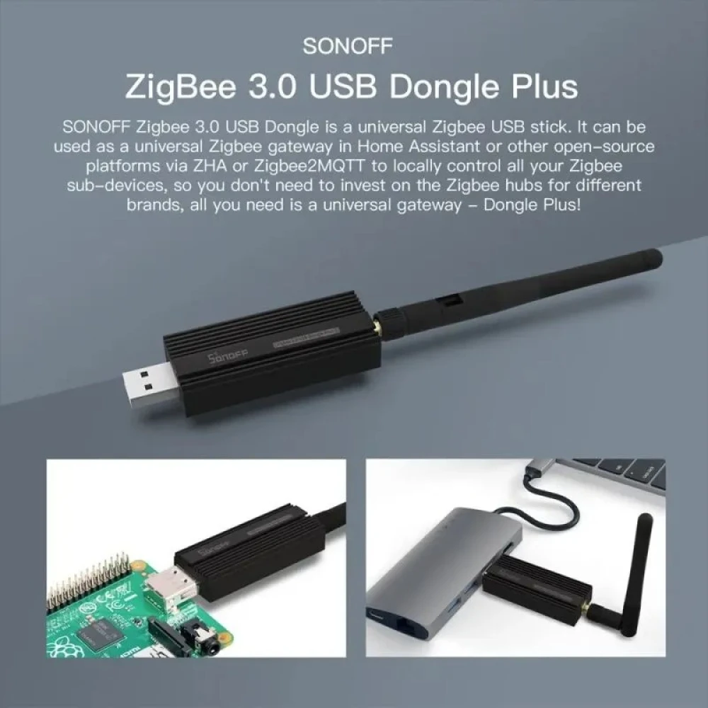 Vista lateral del SONOFF ZBDongle-P con antena externa y conector USB 3.0