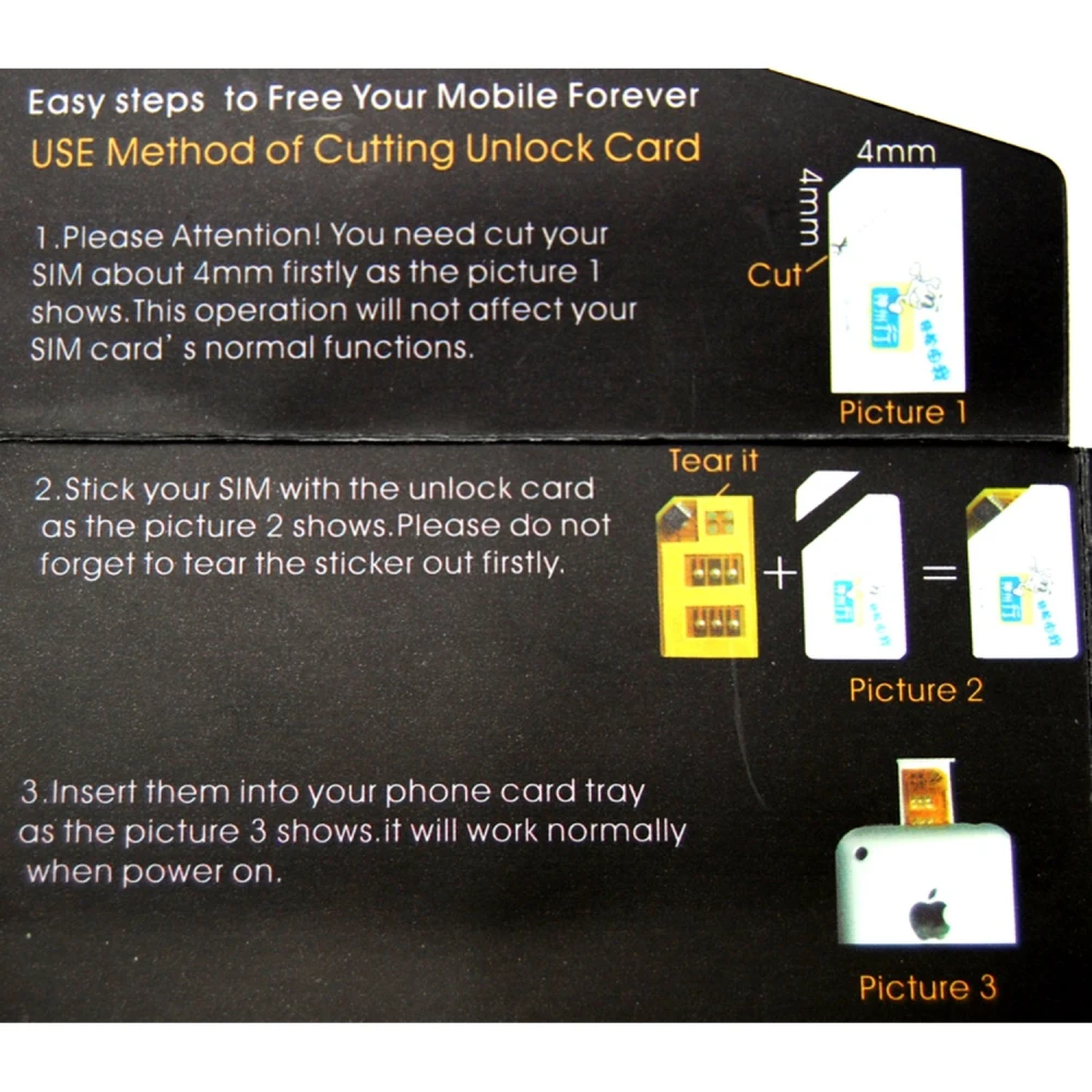 Tarjeta Unlock Universal Sim con instrucciones para liberar teléfonos