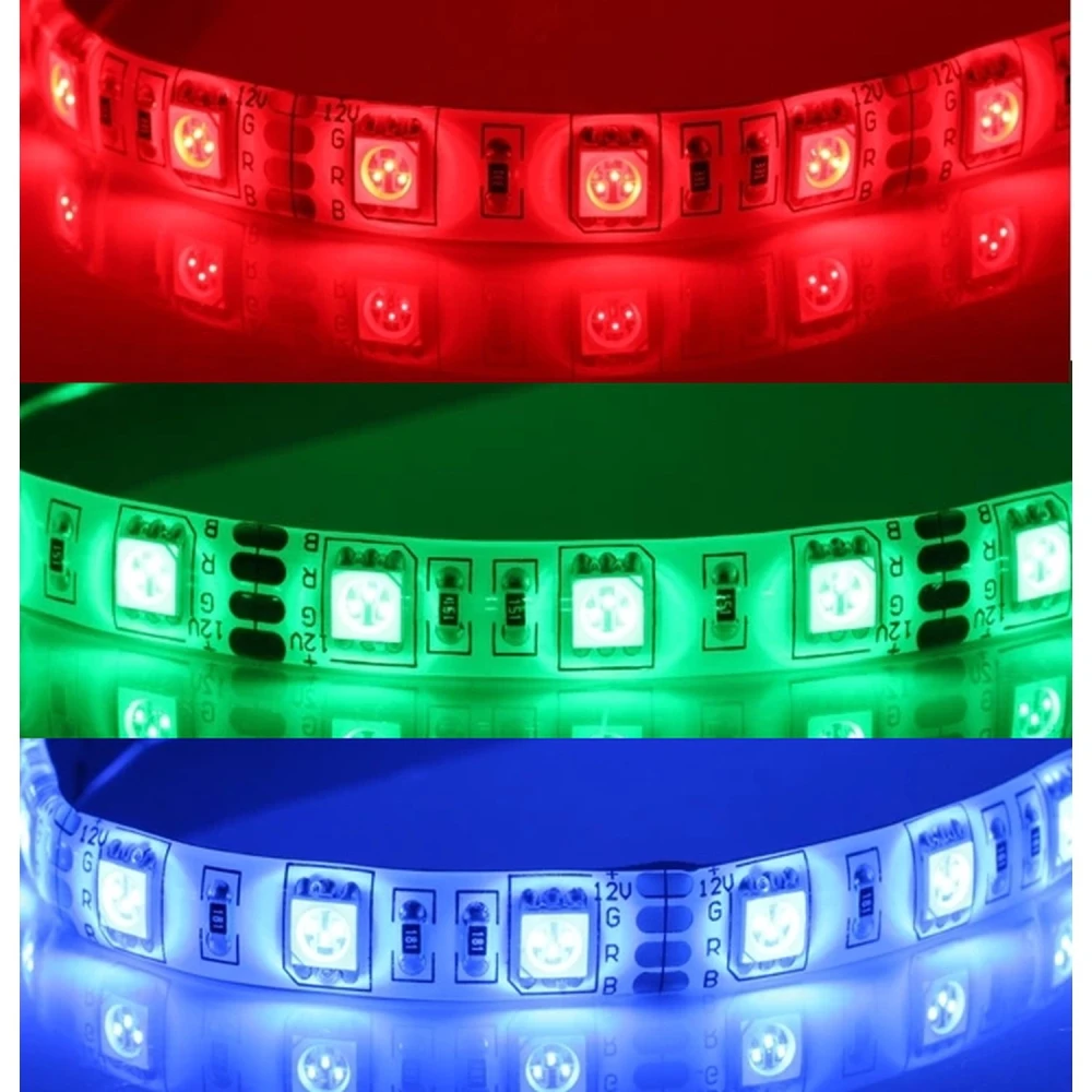 12V RGB LED lente 5 metri regulējama SMD5050 60LED uz metru IP65