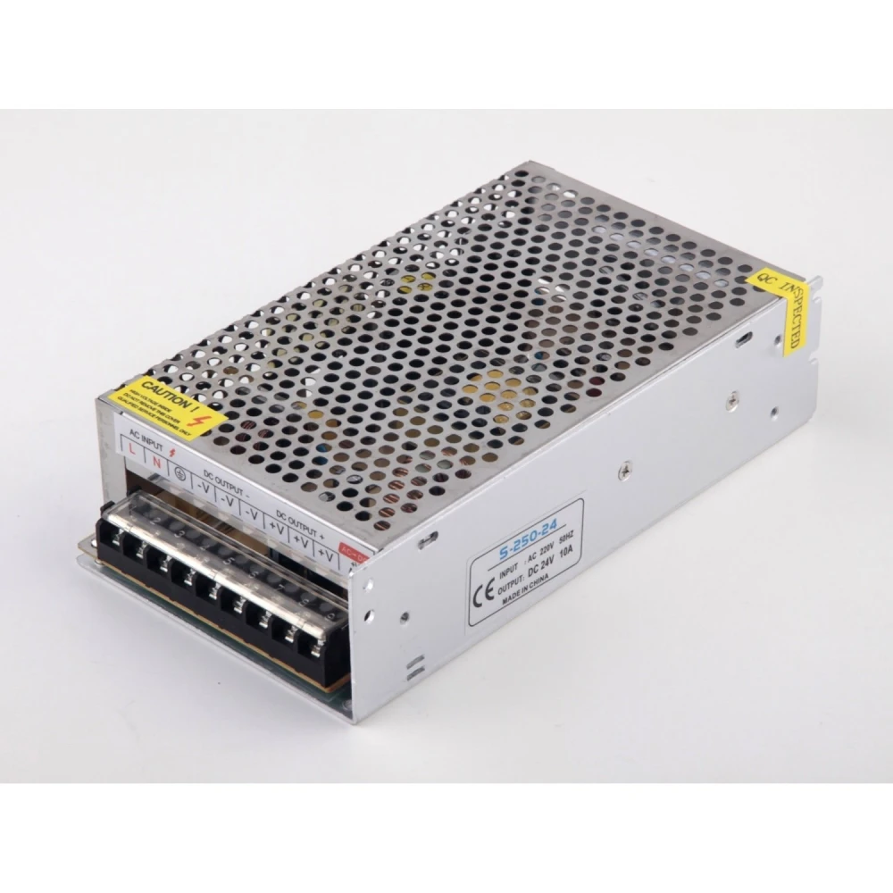 Vista frontal del transformador fuente de alimentacion 24V 10A con regulacion ajustable