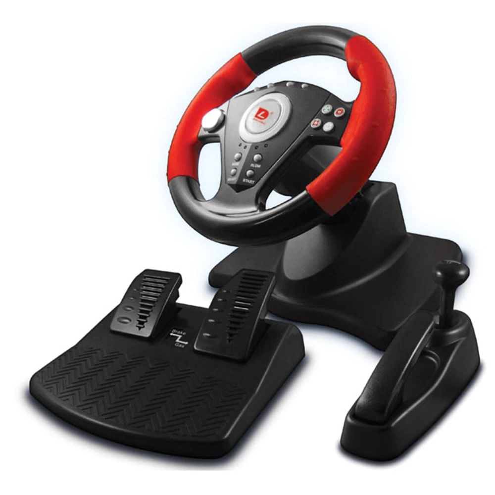 Detalle del volante con botones y palanca de cambios para PS3, PS2 y PC